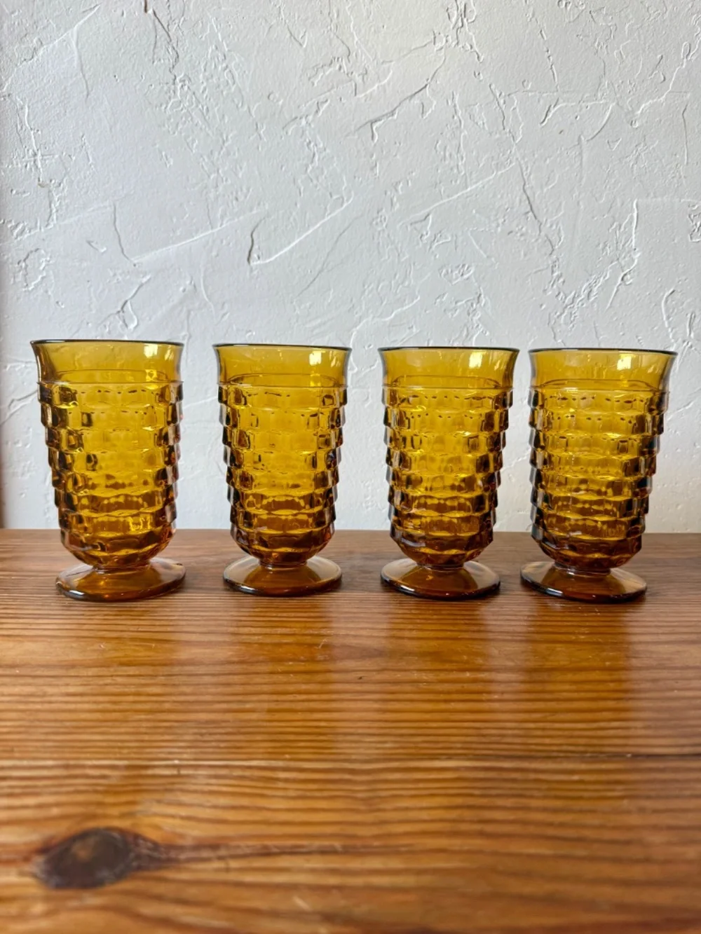 Vintage Indiana Glass Whitehall Cubist Amber Footed Tumblers – Set of 4
